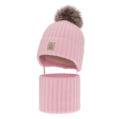Ensemble d'hiver fille: bonnet et snood, rose, avec pompon, avec laine mérinos, doublé de polaire, wiązany, Martina