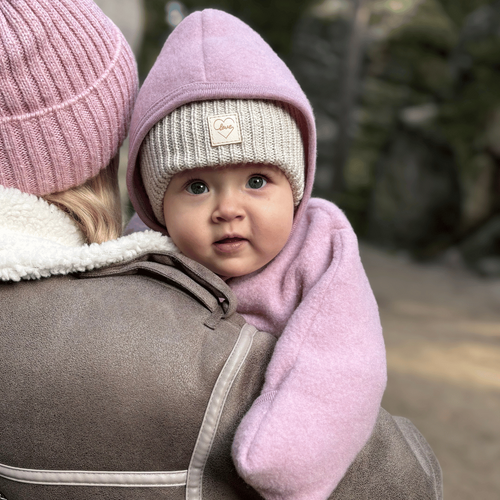 Bonnet d'hiver fille, beige, avec pompon, avec laine mérinos, doublé de polaire, avec liens, Havana