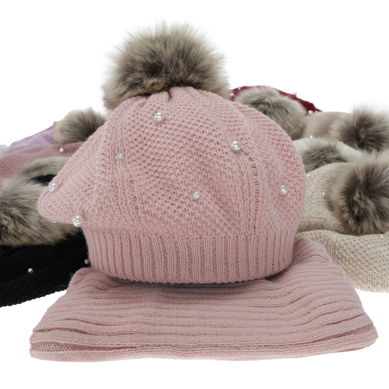 Meisjes winter set: baret en buissjaal, podszyty polarem, różowy, met pompon, Jeanette