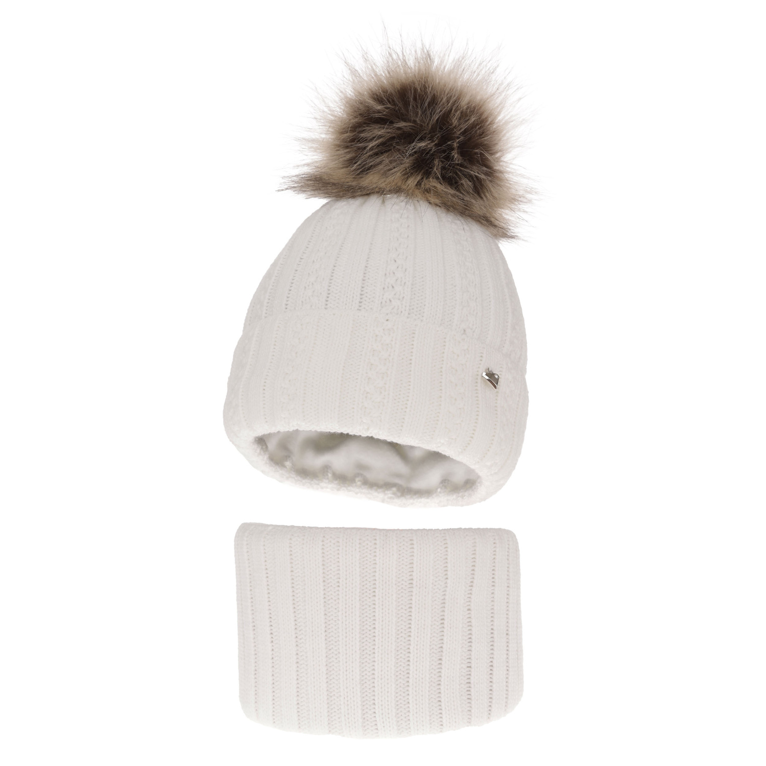 Ensemble d'hiver fille: bonnet et snood, blanc, avec pompon, Wirginia