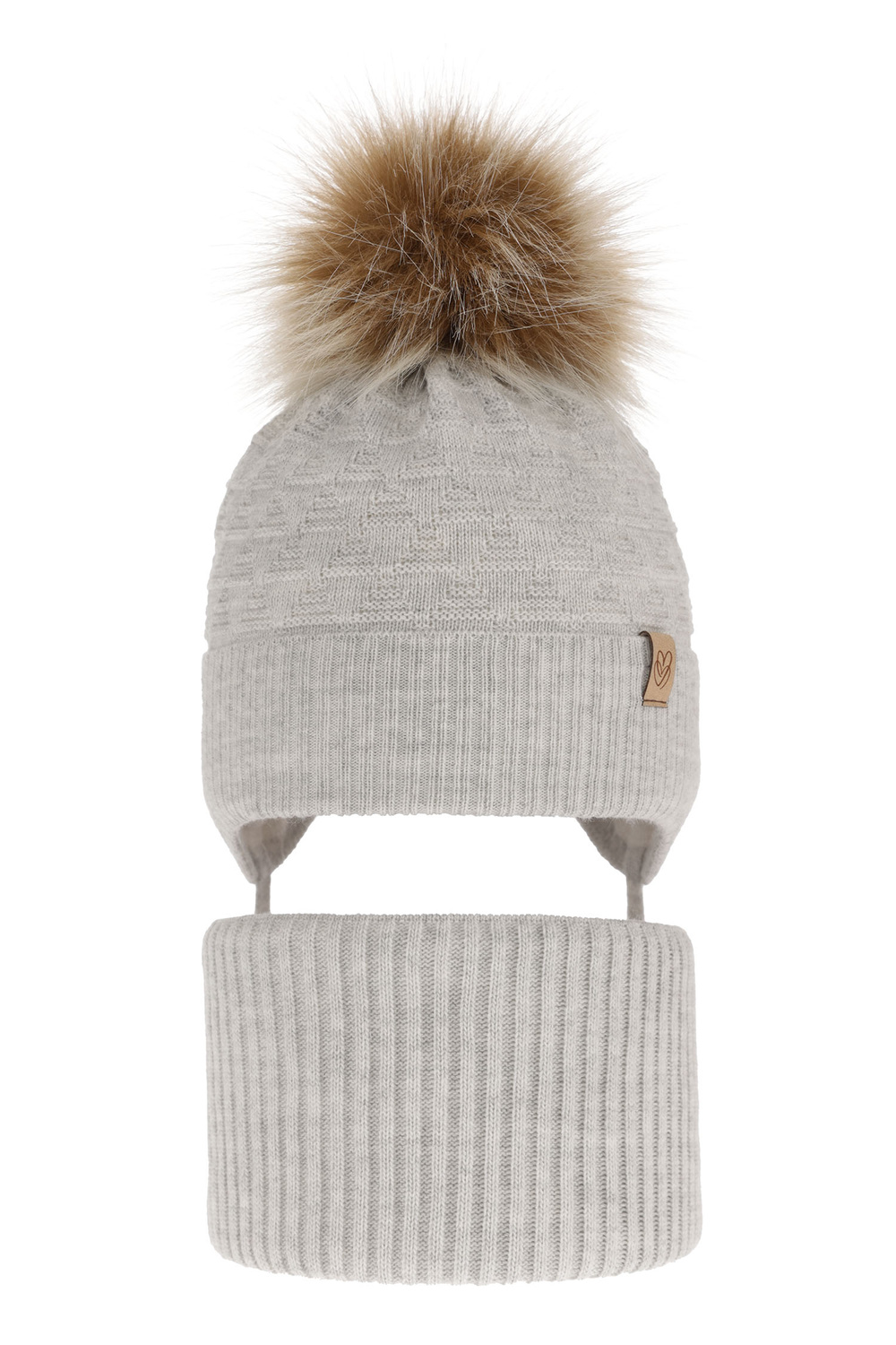 Ensemble d'hiver fille: bonnet et snood, gris, avec pompon, avec liens, Egeria