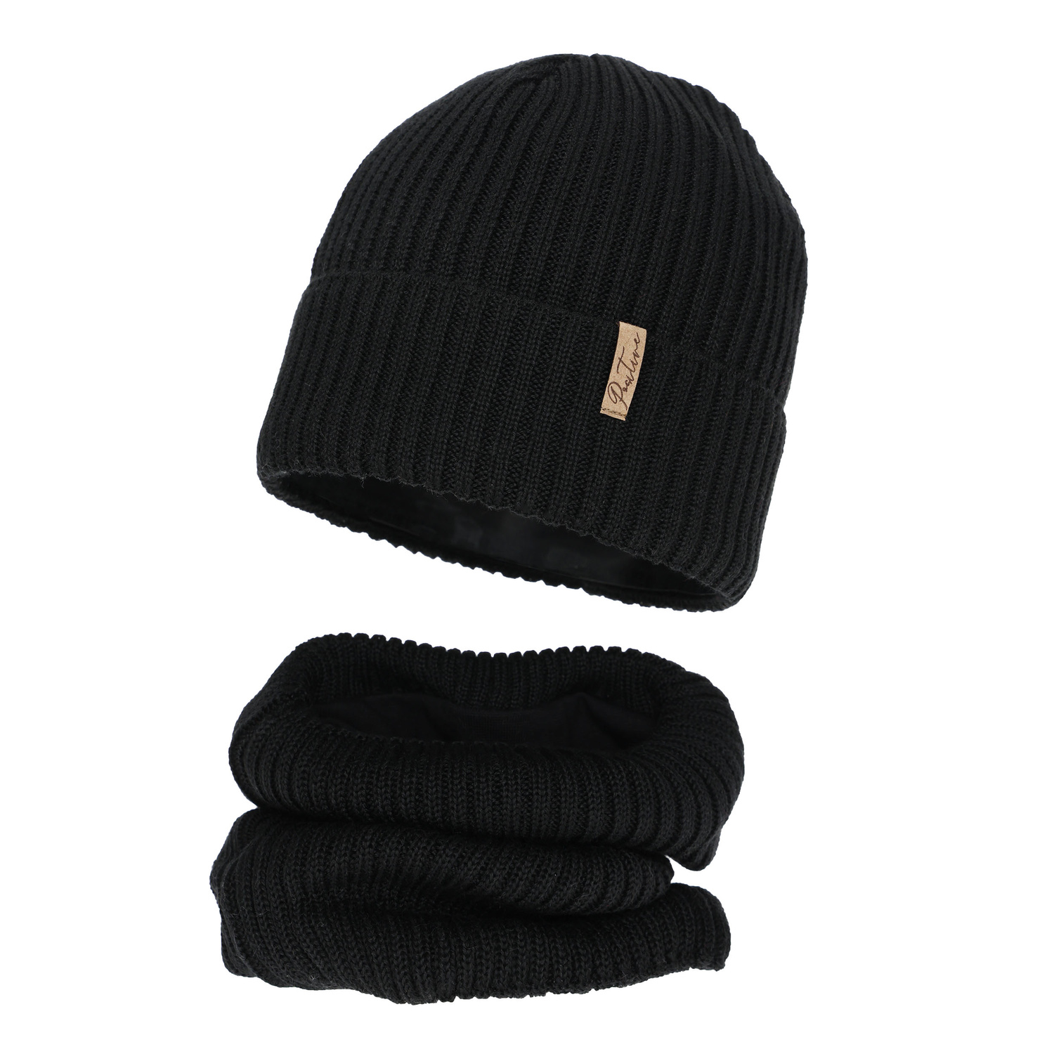 Meisjes winter set (muts en buissjaal) gevoerd met fleece, zwart, met merinowol, Odette