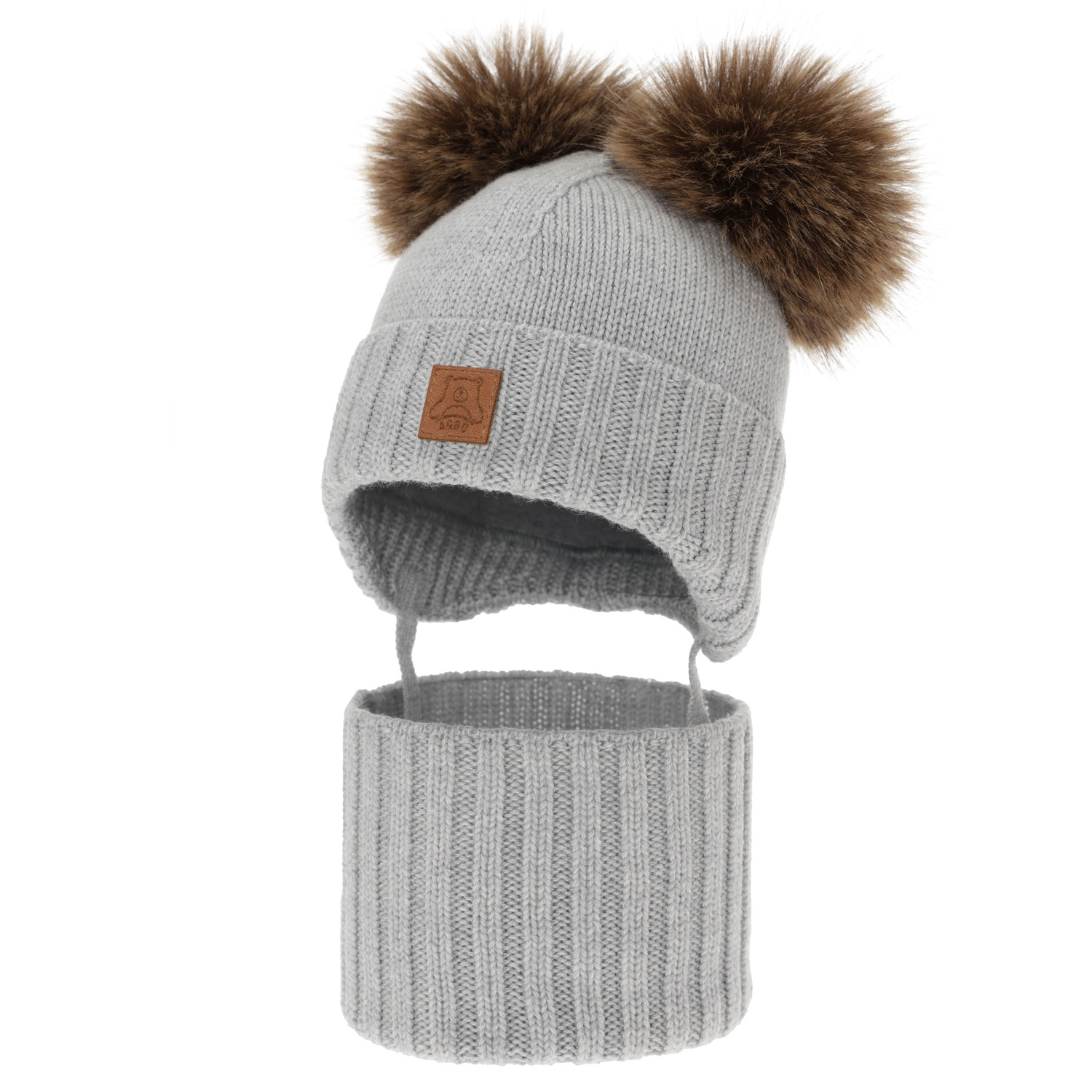 Jongens muts en col, winter set, grijs, 100% merinowol, gevoerd met wollen fleece, Ronik