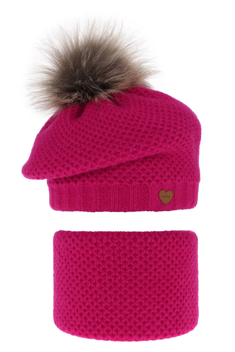 Ensemble d'hiver fille: beret et snood, rose, avec pompon, Francesca