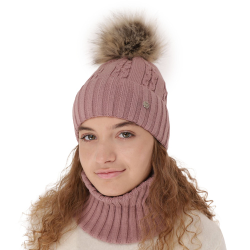 Ensemble d'hiver fille: bonnet et snood, rose, avec pompon, Felia