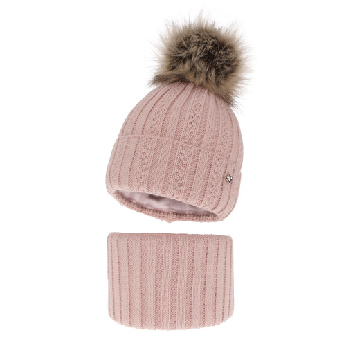 Ensemble d'hiver fille: bonnet et snood, rose, avec pompon, Wirginia