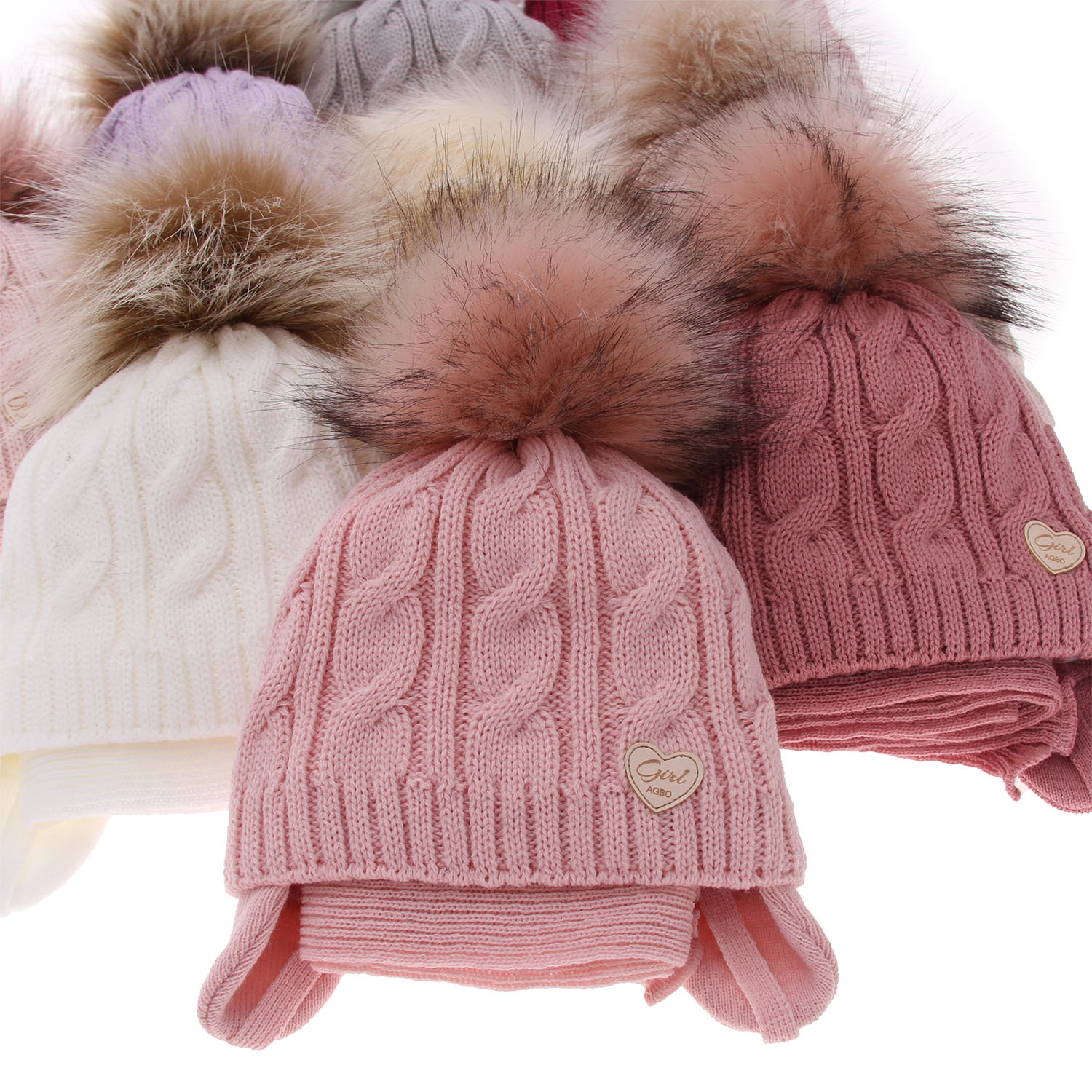 Meisjes winter set muts en sjaal, roze, met garen pompon, Morena