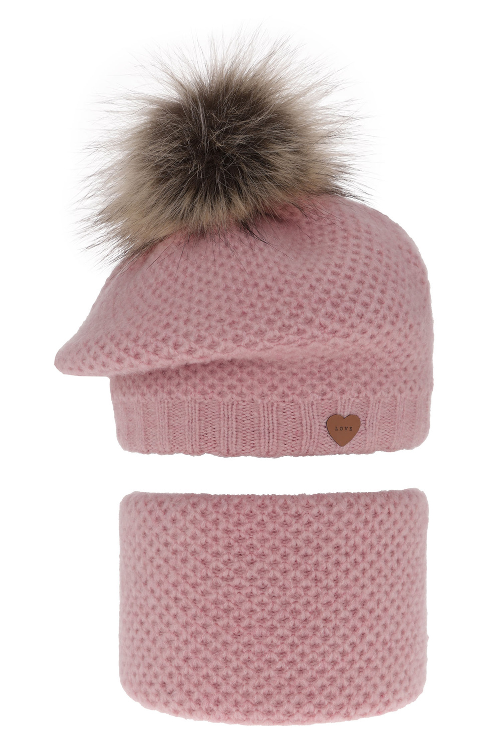 Ensemble d'hiver fille: beret et snood, rose, avec pompon, Francesca