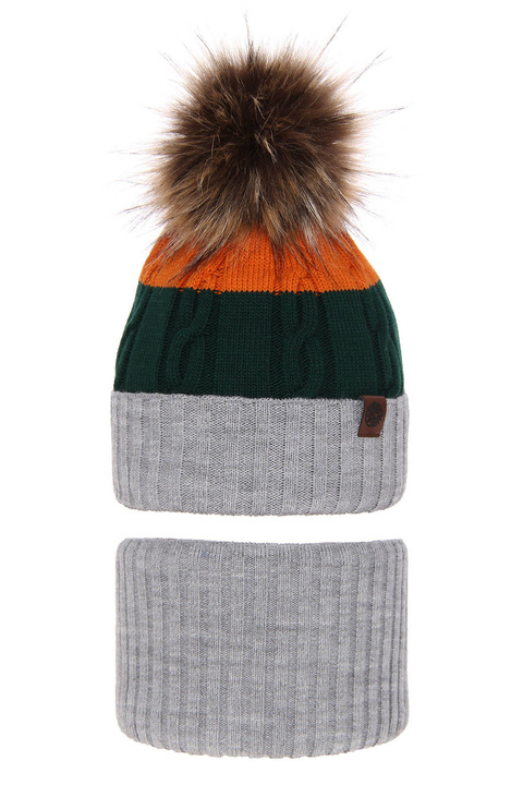 Jongens winter set muts en buissjaal, grijs, met garen pompon, Karmel