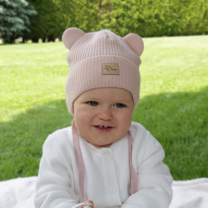 Meisjes herfst/lente muts, roze, met bindkoorden, Djona