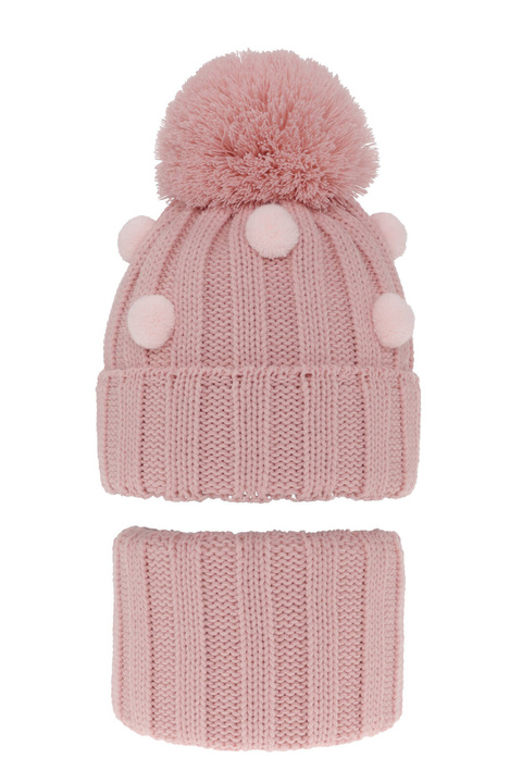 Ensemble d'hiver fille: bonnet et snood, rose, avec pompon, Hekate