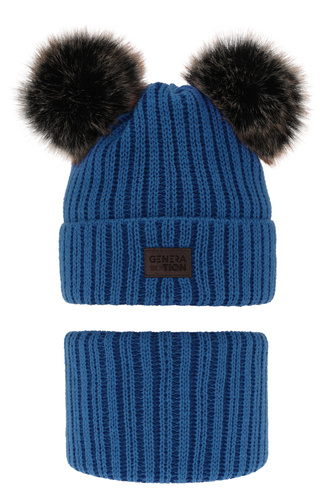 Ensemble d'hiver garçon: bonnet et snood, bleu, avec deux pompons, Tokio