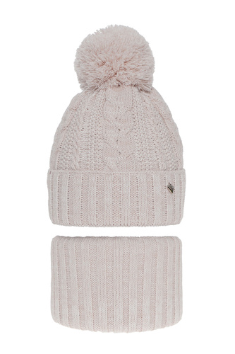 Meisjes winter set muts en buissjaal, roze, met garen pompon, Maroko