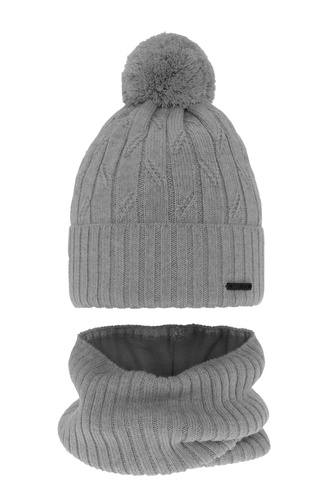 Ensemble d'hiver garçon: bonnet et snood, gris, avec pompon, avec laine mérinos, Talar