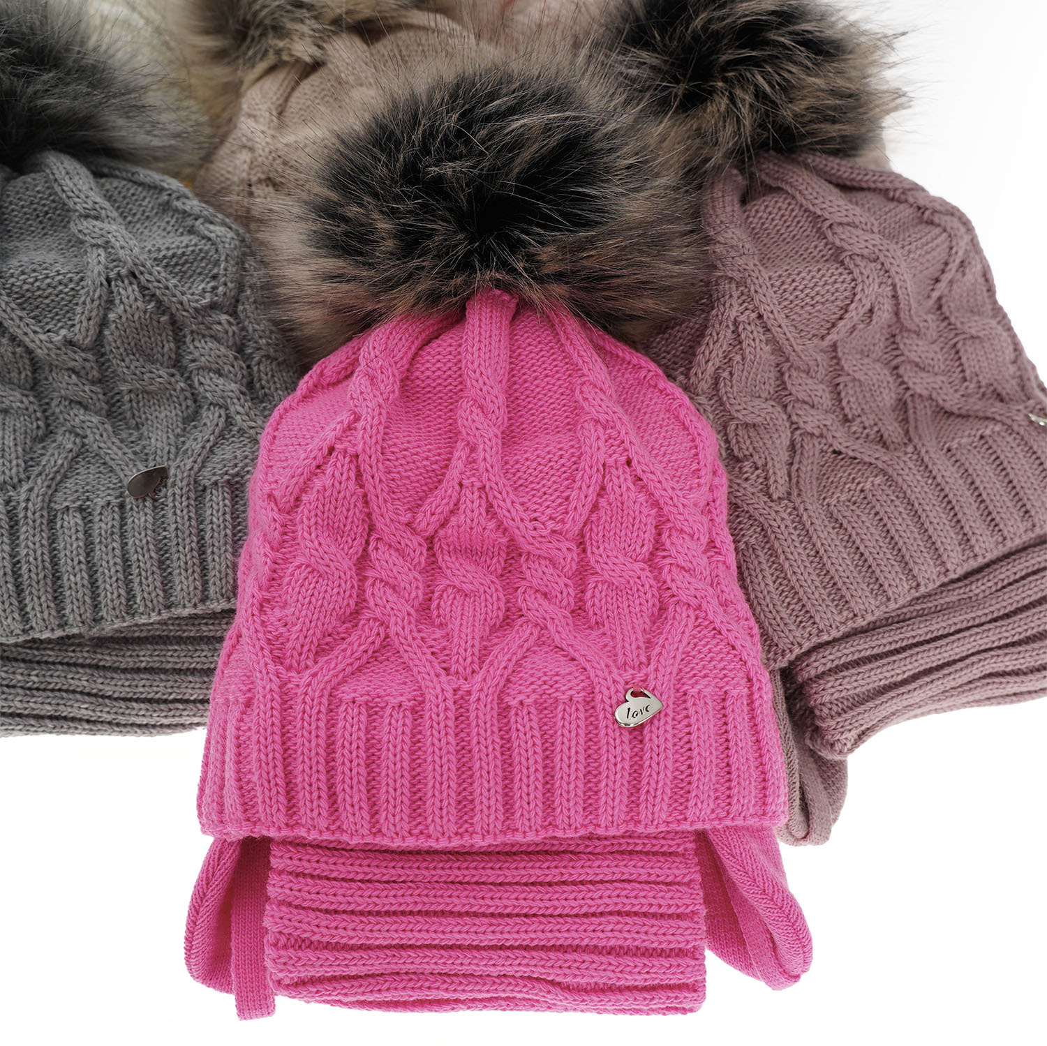 Meisjes winter set muts en buissjaal, kremowy, met garen pompon, Elena
