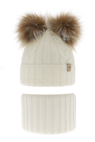 Ensemble d'hiver fille: bonnet et snood, crème, avec deux pompons, Amala