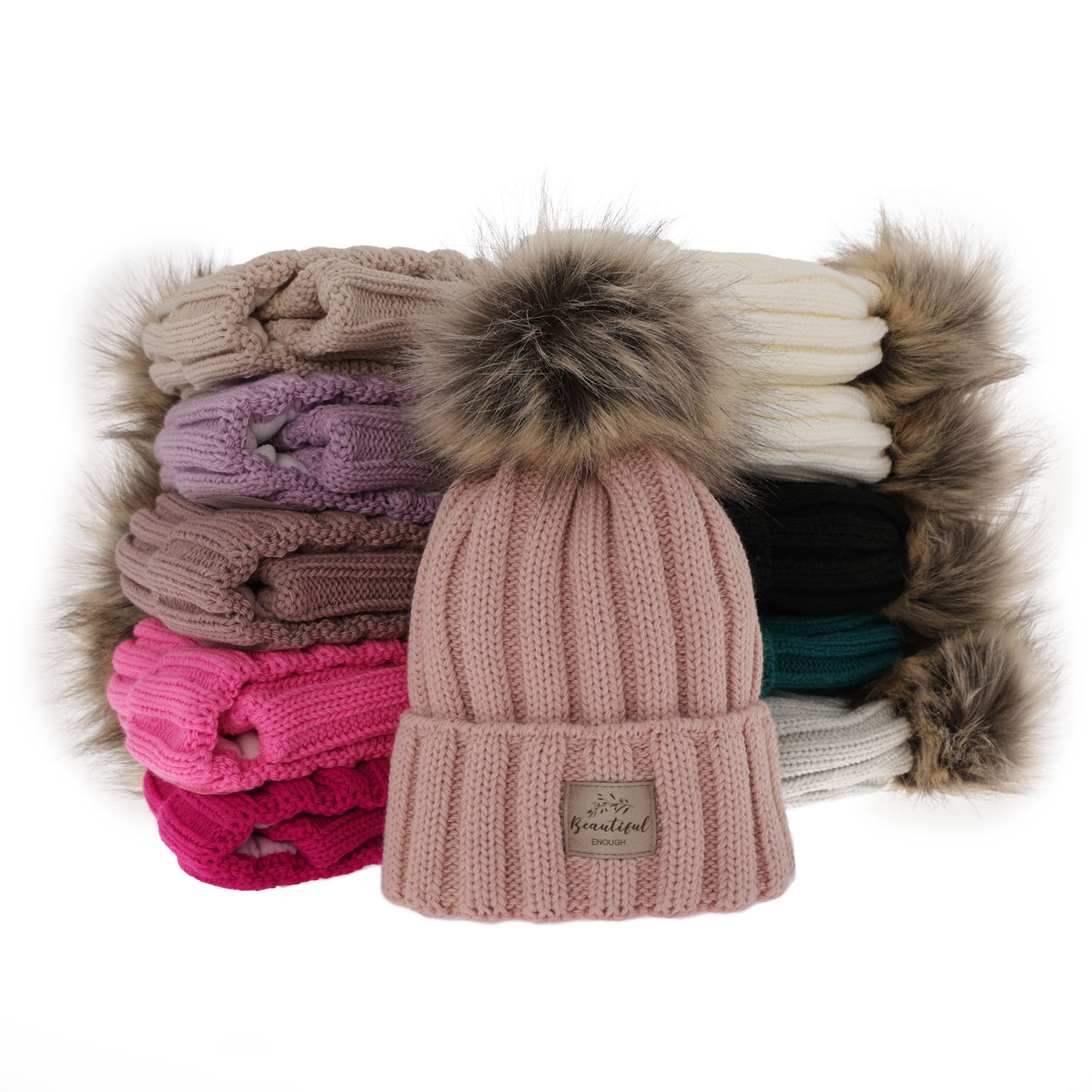 Ensemble d'hiver fille: bonnet et snood, rose, avec pompon, Kaliope