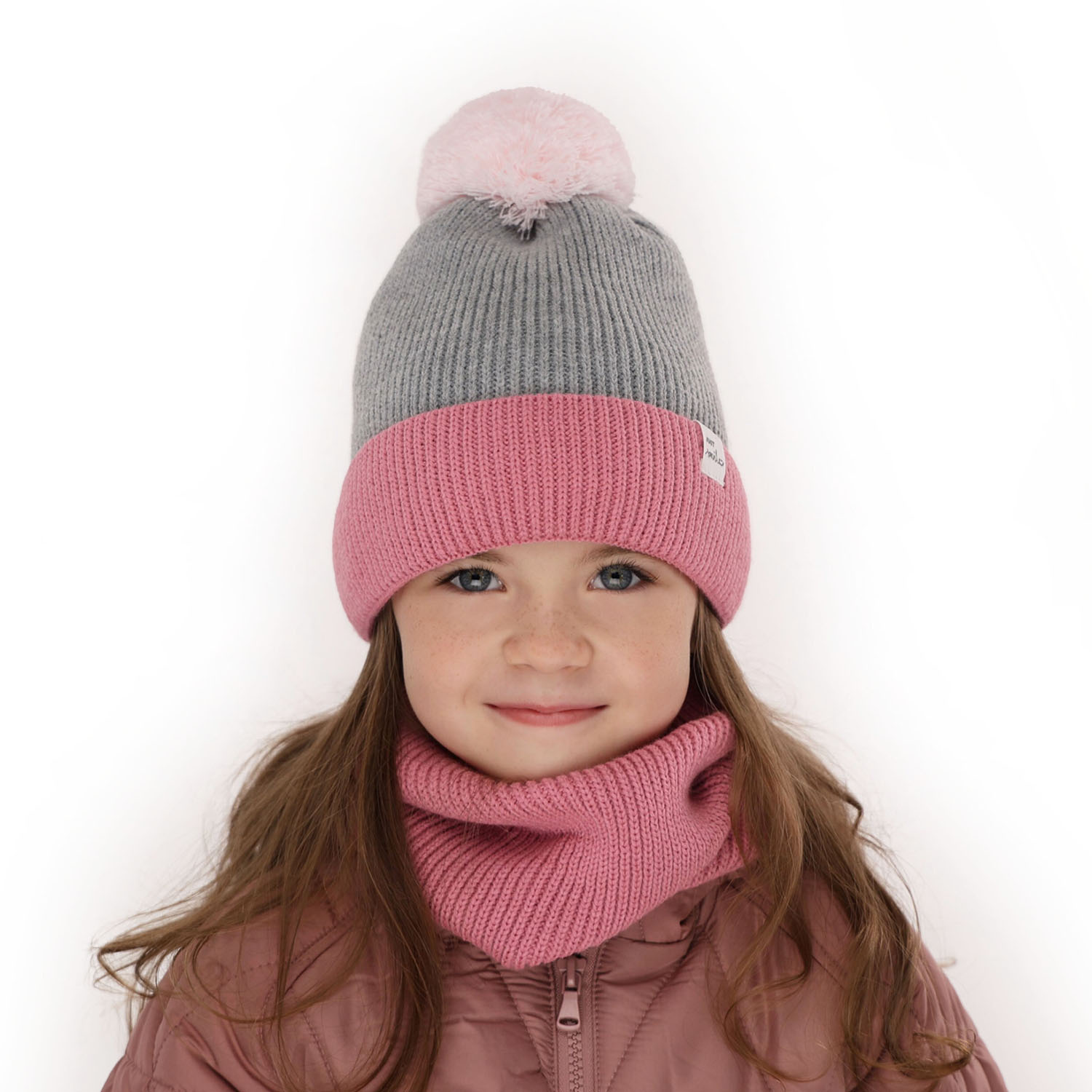 Meisjes winter set muts en buissjaal, grijs, met garen pompon, Rosalin