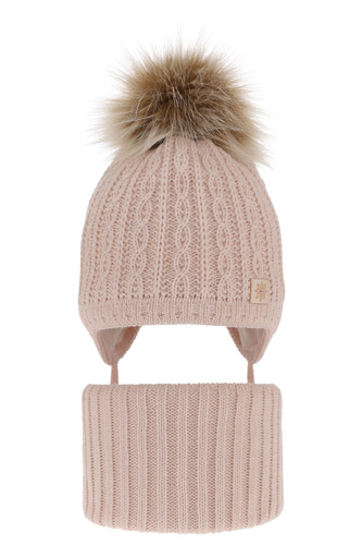 Ensemble d'hiver fille: bonnet et snood, rose clair, avec pompon, avec liens, Passa