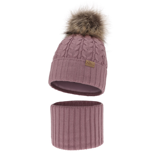 Ensemble d'hiver fille: bonnet et snood, violet, avec pompon, Tanzania