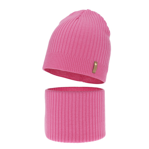Ensemble automne/printemps fille: bonnet et snood, rose, avec laine mérinos, Chelsie