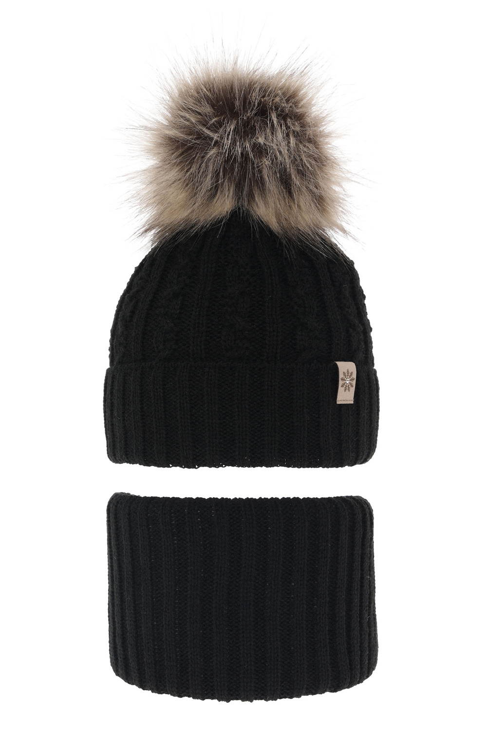 Ensemble d'hiver fille: bonnet et snood, noir, avec pompon, Pretoria