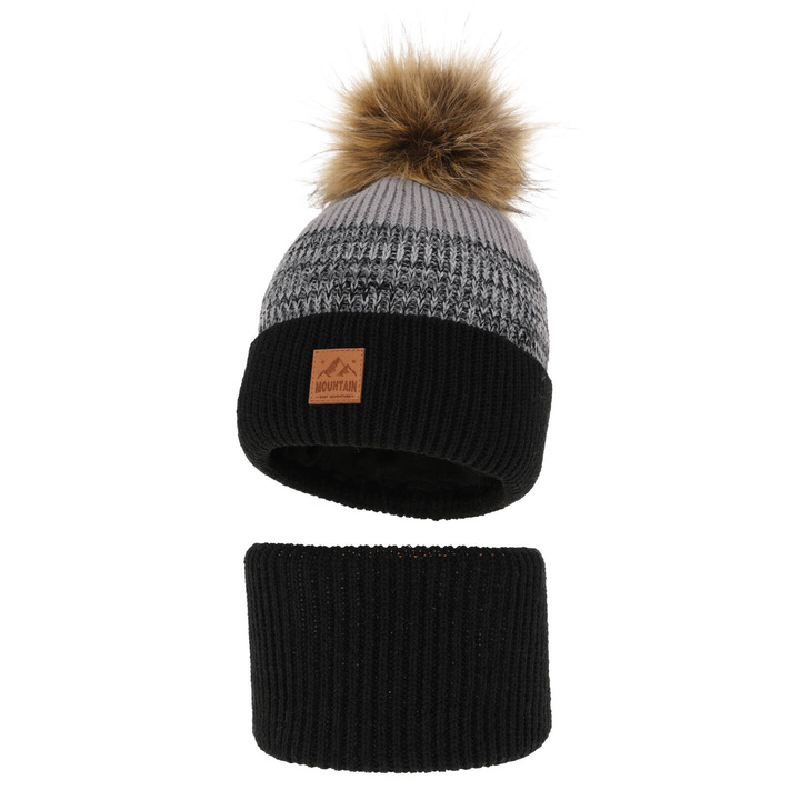 Ensemble d'hiver garçon: bonnet et snood, noir, avec pompon, Buffalo