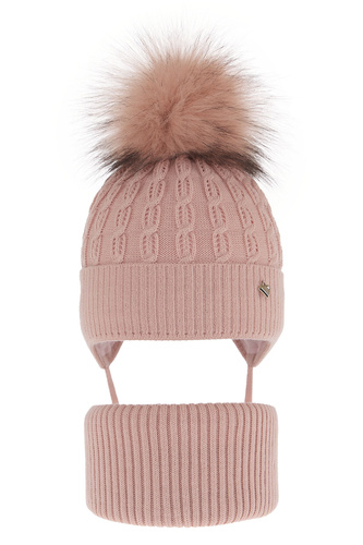 Ensemble d'hiver fille: bonnet et snood, rose, avec pompon, avec liens, Tukana