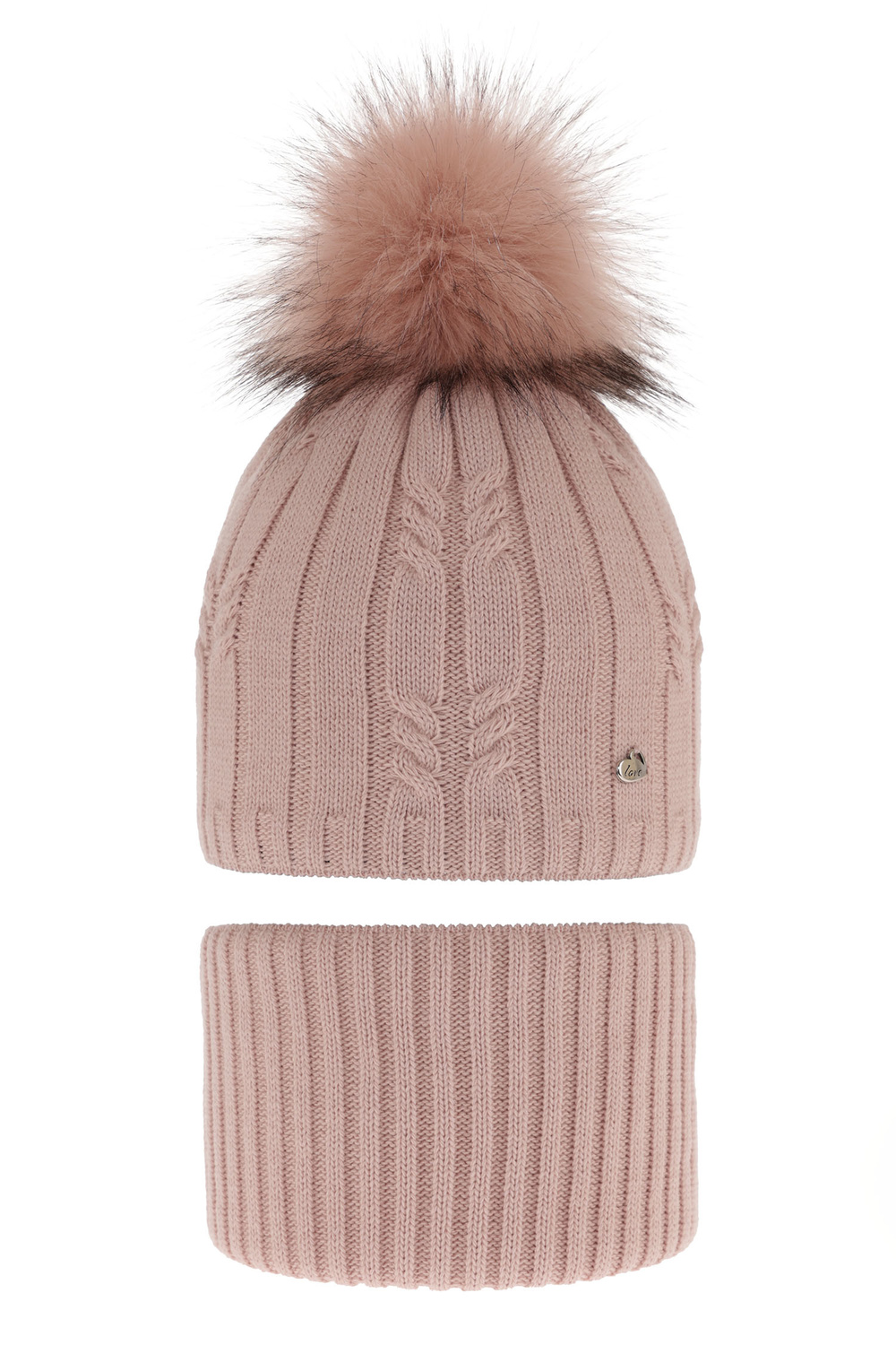 Ensemble d'hiver fille: bonnet et snood, rose, avec pompon, Amaltea