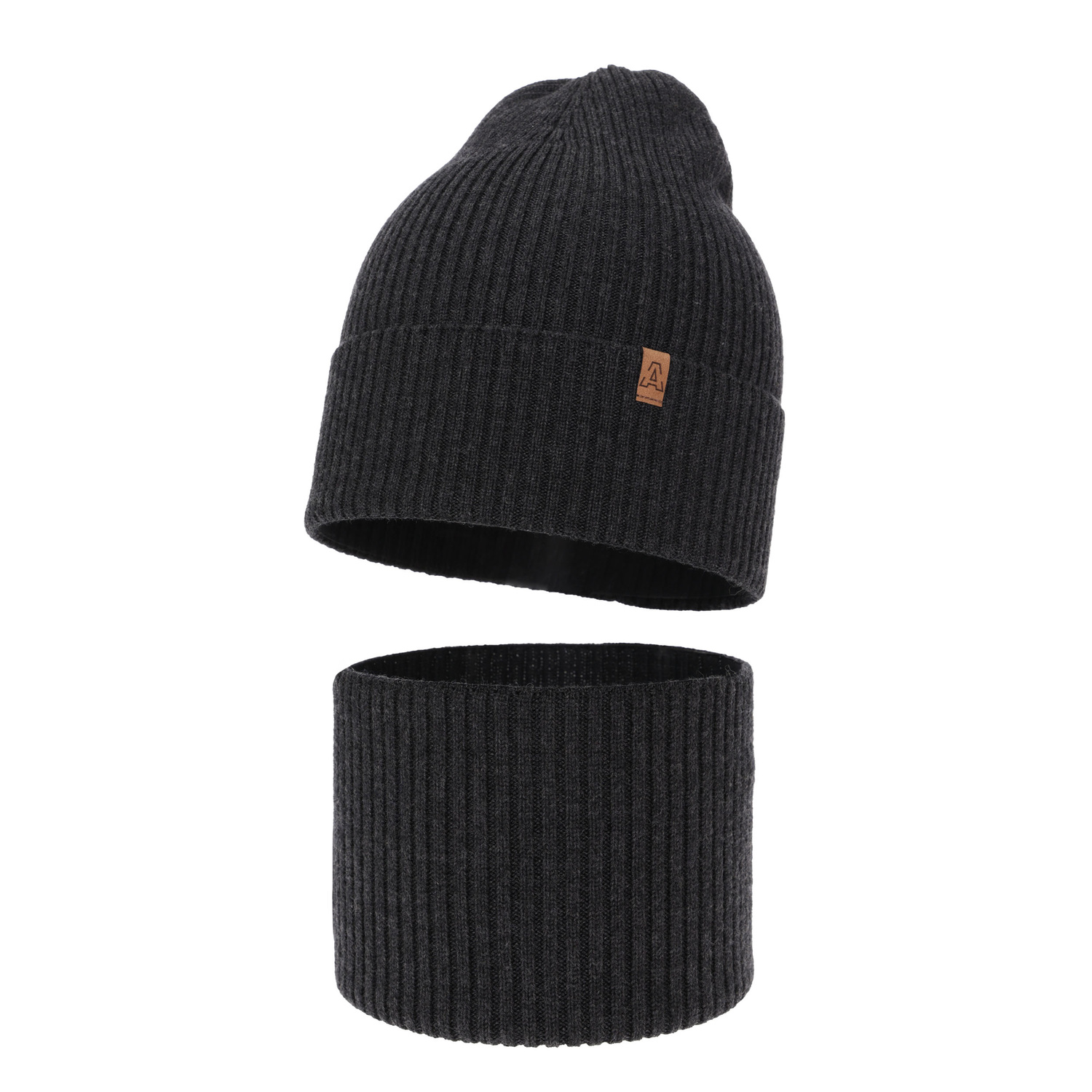 Ensemble automne/printemps garçon: bonnet et snood, 100% laine mérinos, gris foncé, Lemas