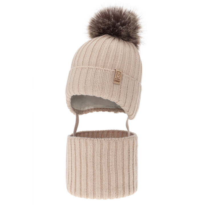 Ensemble d'hiver fille: bonnet et snood, beige, avec pompon, Abigail