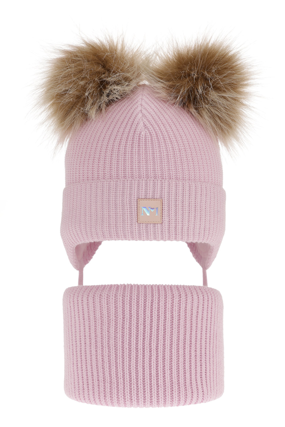 Ensemble d'hiver fille: bonnet et snood, lilas, avec deux pompons, avec liens, Kiara