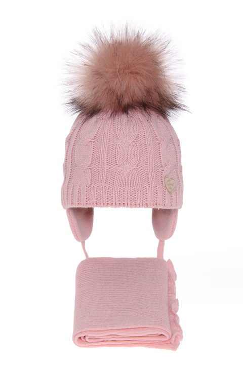 Meisjes winter set muts en sjaal, roze, met garen pompon, Morena