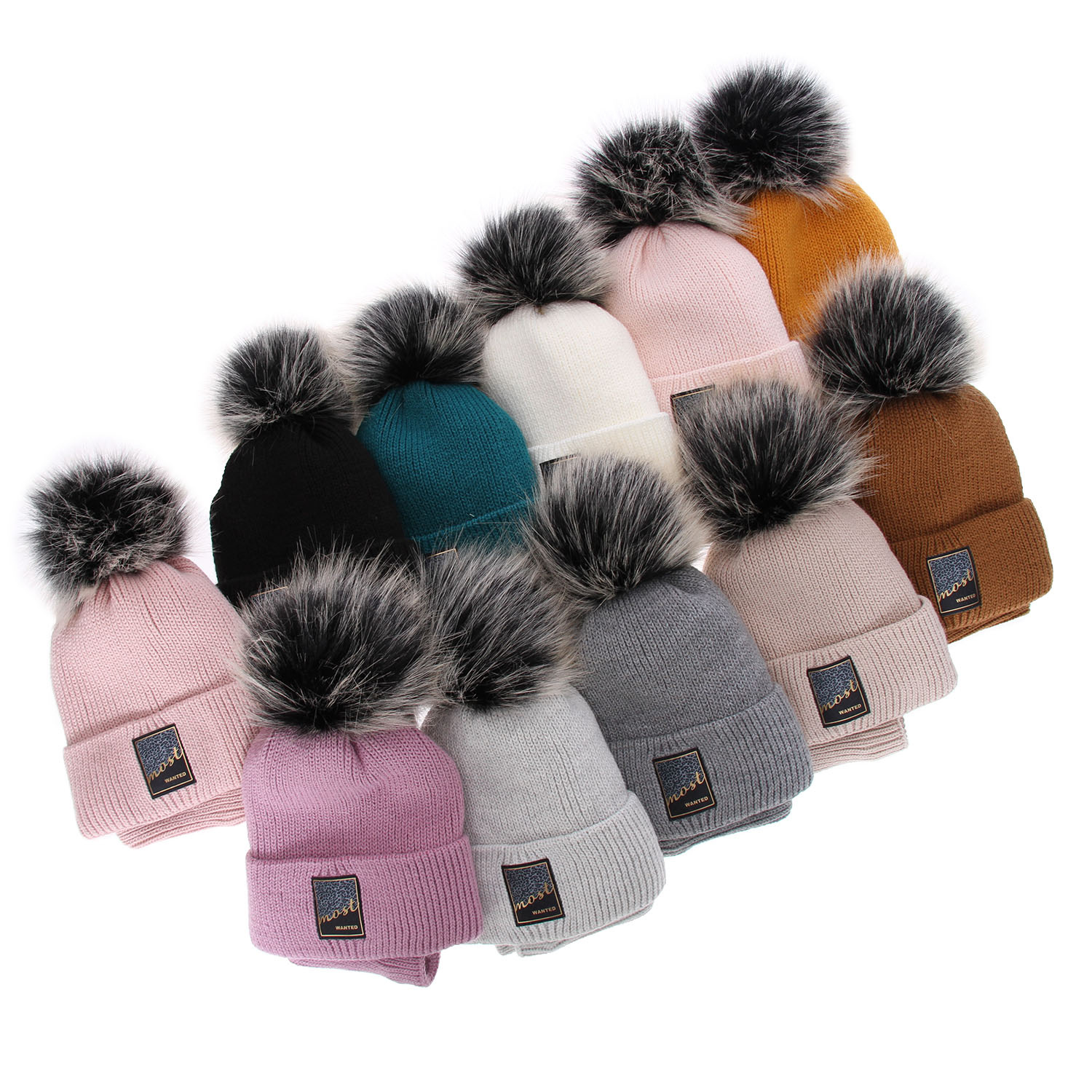 Meisjes winter set muts en buissjaal, bruin, met garen pompon, Sycylia