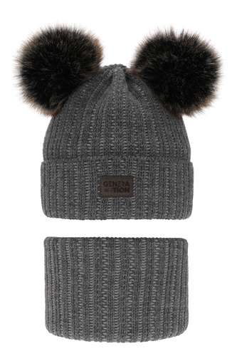 Ensemble d'hiver garçon: bonnet et snood, gris, avec deux pompons, Tokio