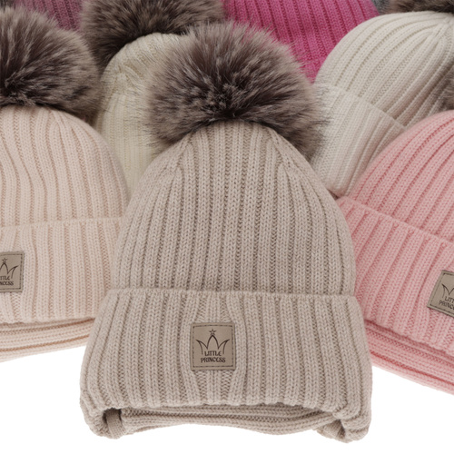 Ensemble d'hiver fille: bonnet et snood, beige, avec pompon, avec laine mérinos, doublé de laine polaire, avec liens, Martina