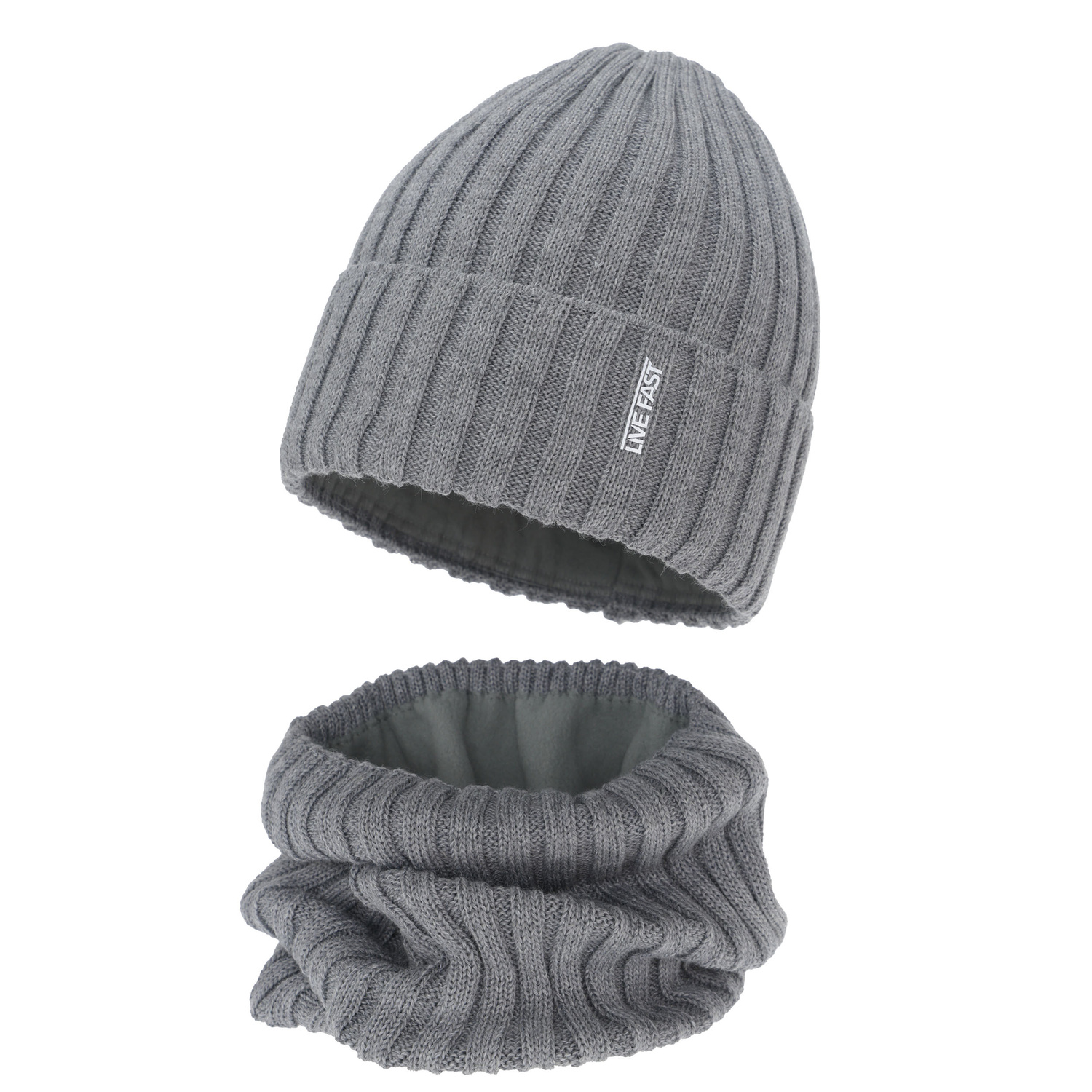 Jongens winter set (muts en buissjaal), beige, met merinowol, gevoerd met fleece, Banasko