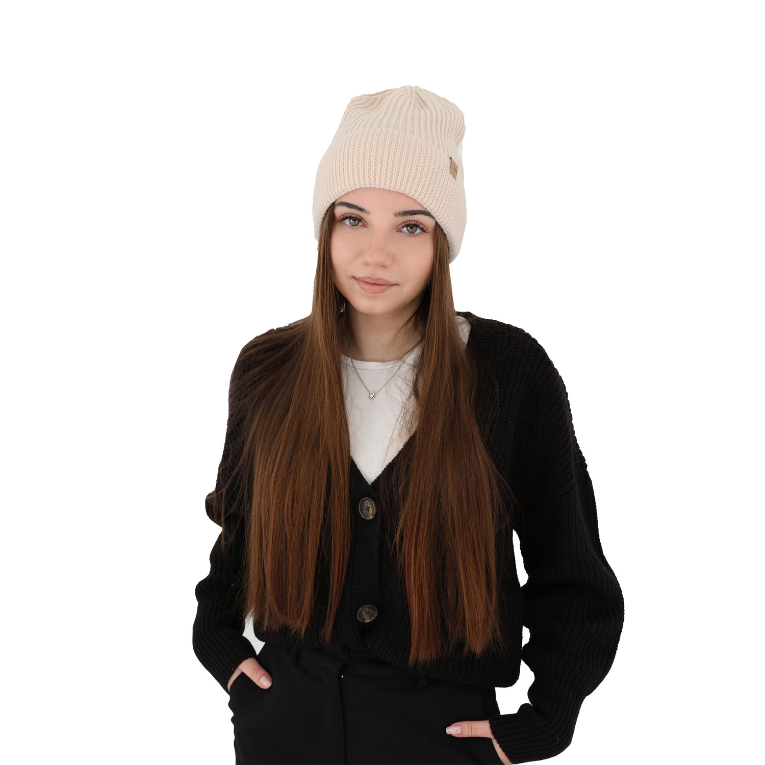 Bonnet d'hiver femme, beige, avec laine mérinos, Isla