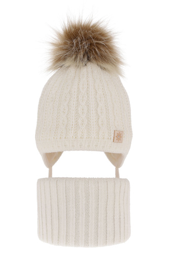 Ensemble d'hiver fille: bonnet et snood, crème, avec pompon, Passa