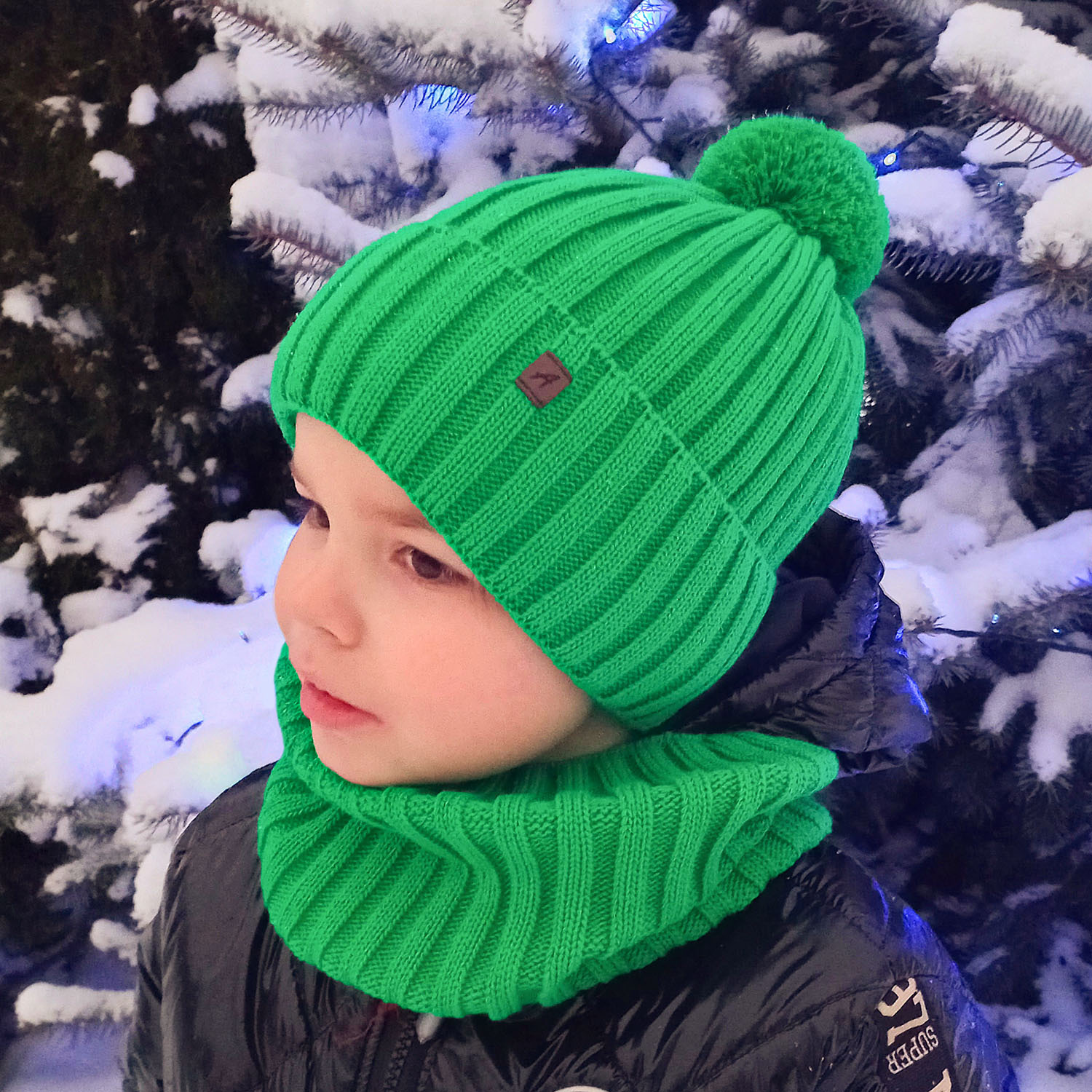 Jongens winter set muts en sjaal, groen, met garen pompon, Wiliam