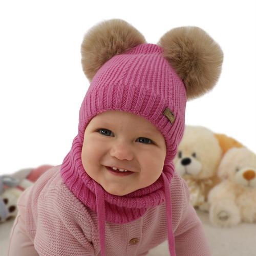 Meisjes muts en col, winter set, lichtroze, 100% merinowol, gevoerd met wollen fleece, Lumia