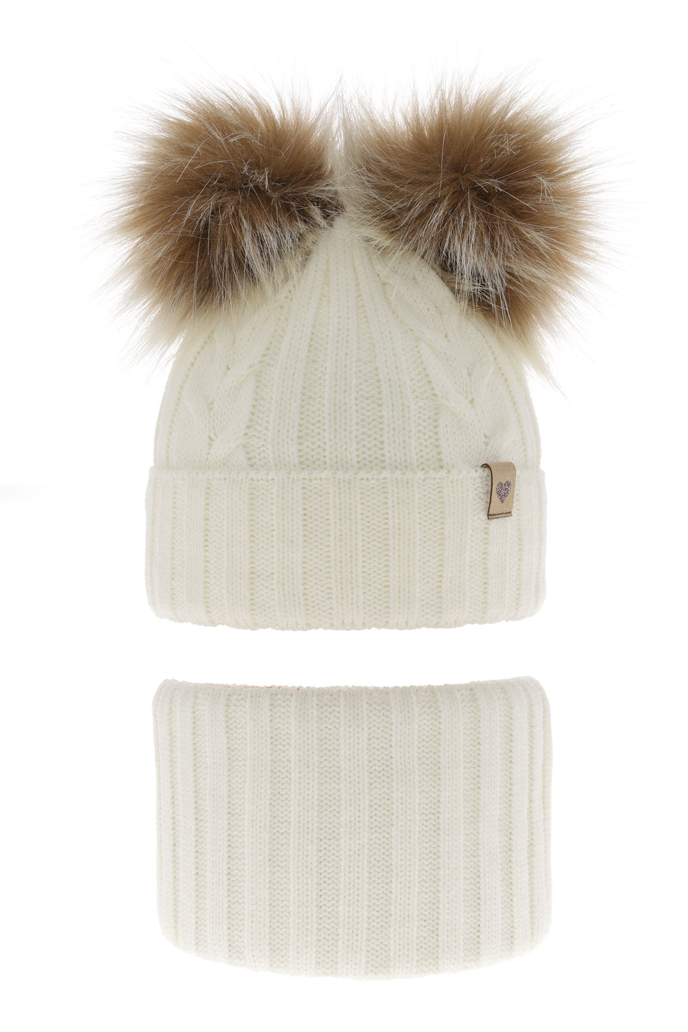 Ensemble d'hiver fille: bonnet et snood, crème, avec deux pompons, Amala