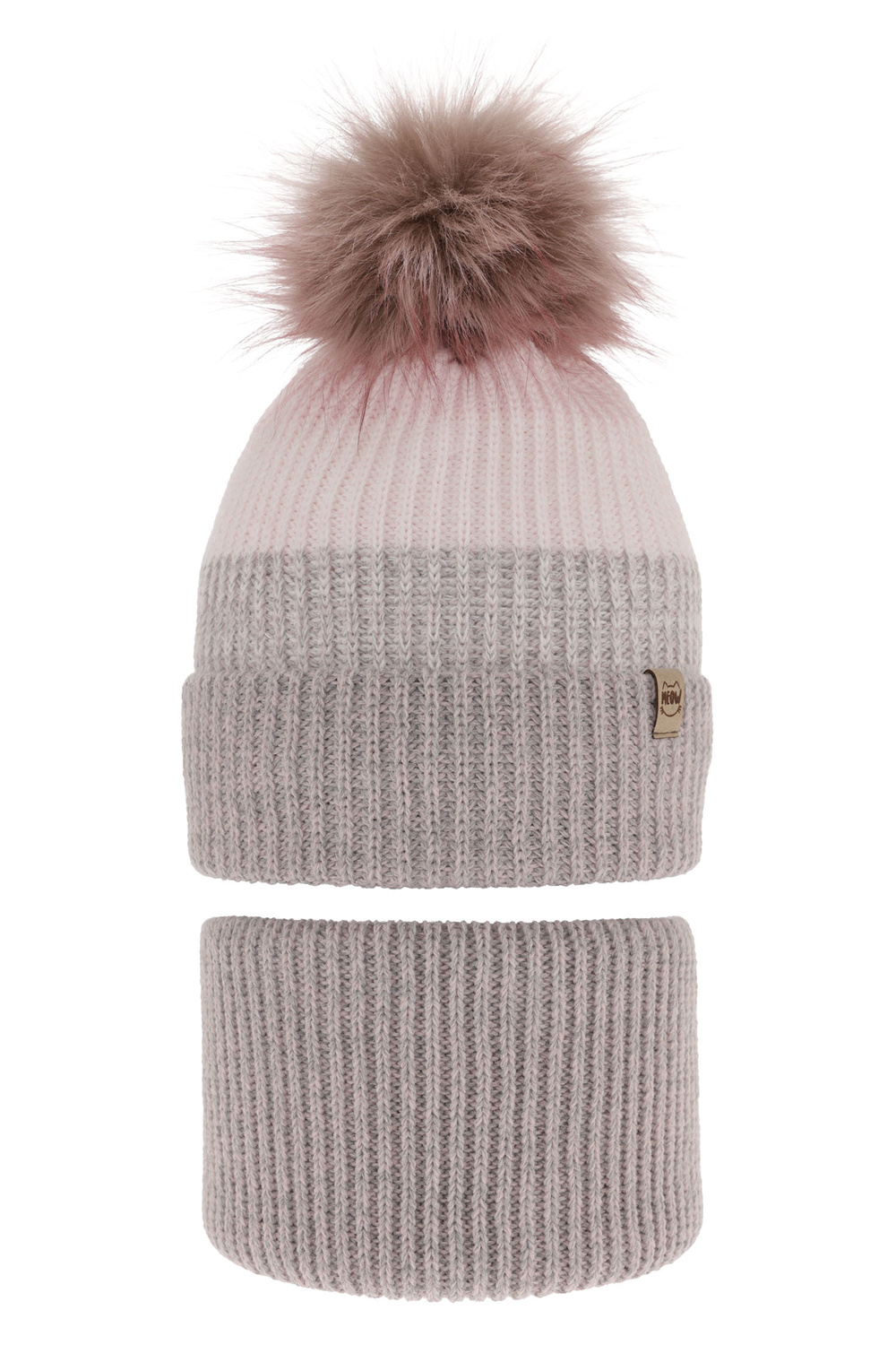 Ensemble d'hiver fille: bonnet et snood, gris, avec pompon, Gimena