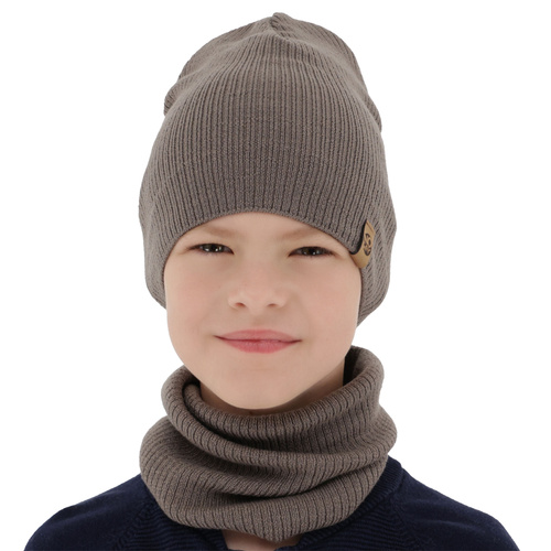 Ensemble automne/printemps garçon: bonnet et snood, 100% laine mérinos, ciemnobeżowy, Richi