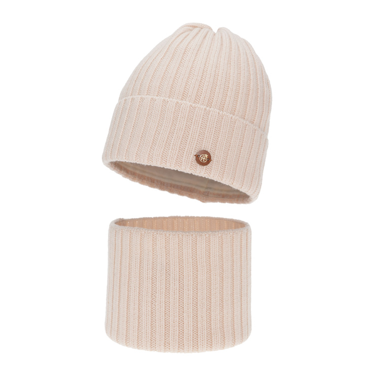 Meisjes winter set (muts en buissjaal), lichtroze, 100% merino wol, gevoerd met katoen, Vanira