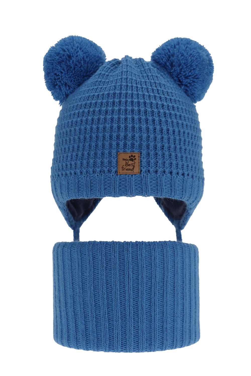 Ensemble d'hiver garçon: bonnet et snood, bleu, avec deux pompons, avec liens, Krispi