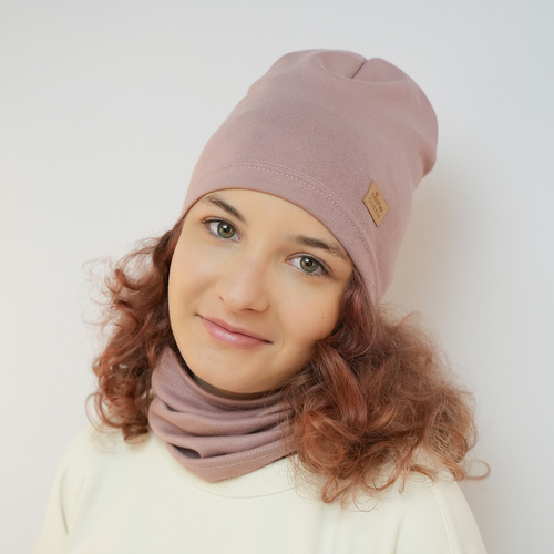 Meisjes herfst/lente set muts en buissjaal, roze, katoenen, Selfie