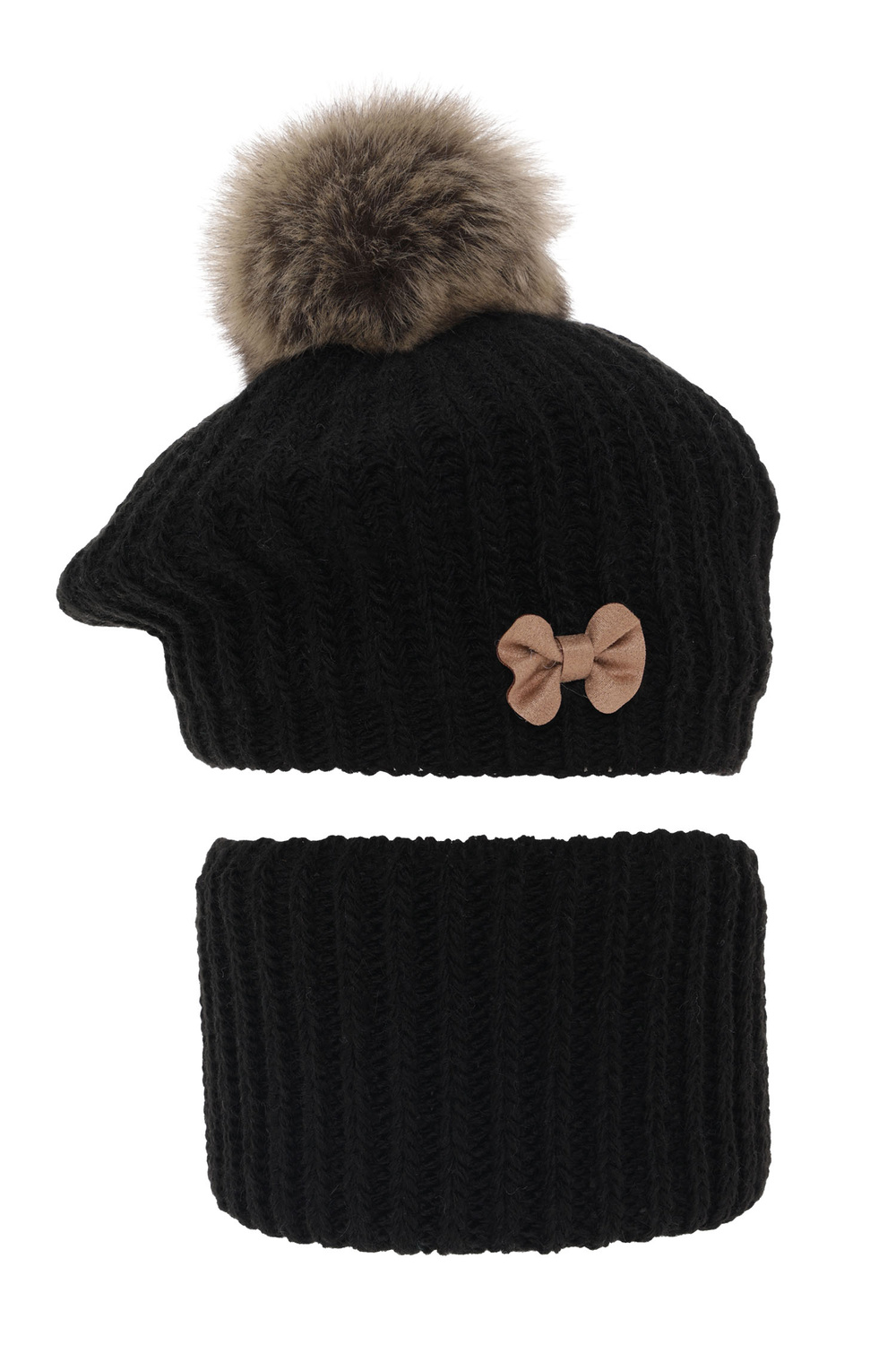 Ensemble d'hiver fille: beret et snood, noir, avec pompon, Polinezja