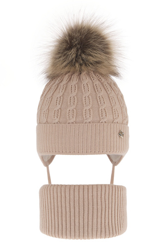 Ensemble d'hiver fille: bonnet et snood, beige, avec pompon, avec liens, Tukana