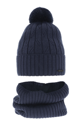 Ensemble d'hiver garçon: bonnet et snood, bleu, avec pompon, avec laine mérinos, Talar